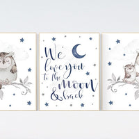 Nursery decor boy owls, navy nursery, nursery wall art boy, owl print nursery, owl print baby, we love you to the moon and back, navy blue