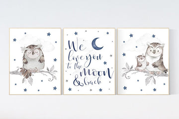 Nursery decor boy owls, navy nursery, nursery wall art boy, owl print nursery, owl print baby, we love you to the moon and back, navy blue