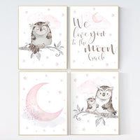 Nursery decor girl owl, we love you to the moon and back, owl nursery decor, girl nursery wall art, nursery ideas, pink nursery print