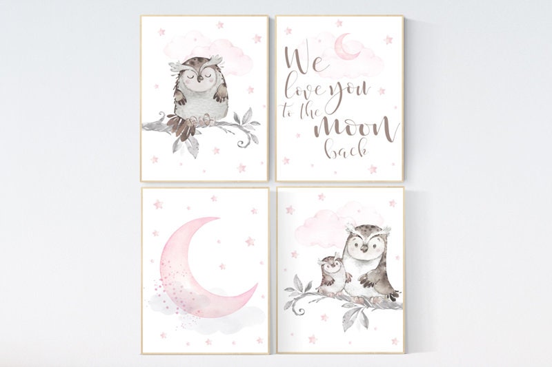 Nursery decor girl owl, we love you to the moon and back, owl nursery decor, girl nursery wall art, nursery ideas, pink nursery print