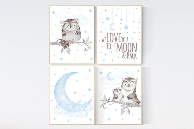 We love you to the moon and back, Nursery decor boy owls, owl nursery, nursery wall art boy, owl print nursery, baby blue nursery art