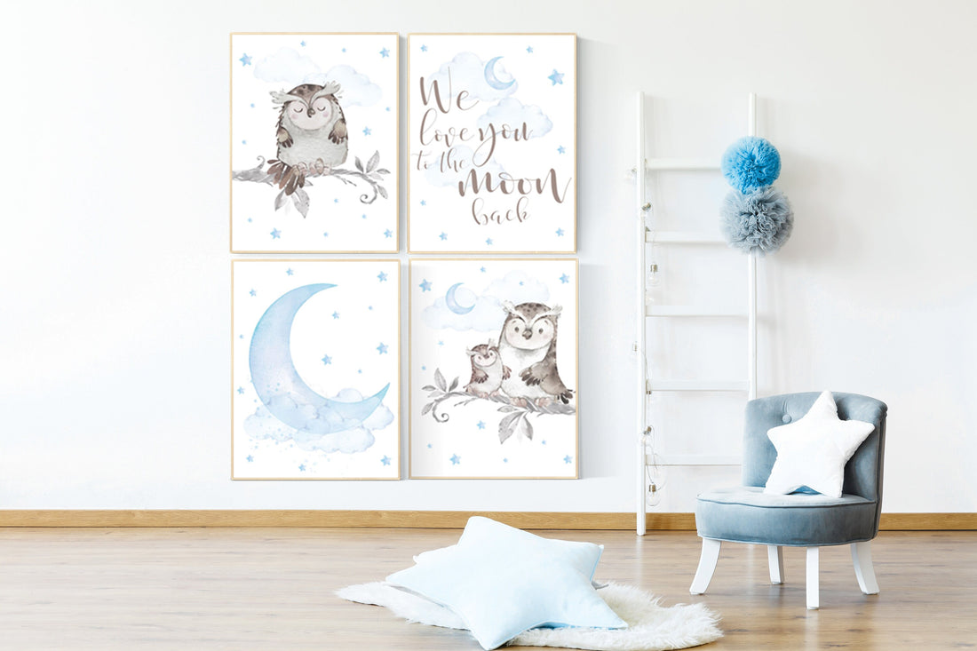 Nursery decor boy owls, owl nursery, nursery wall art boy, owl print nursery, owl print baby, baby nursery decor, baby blue nursery art