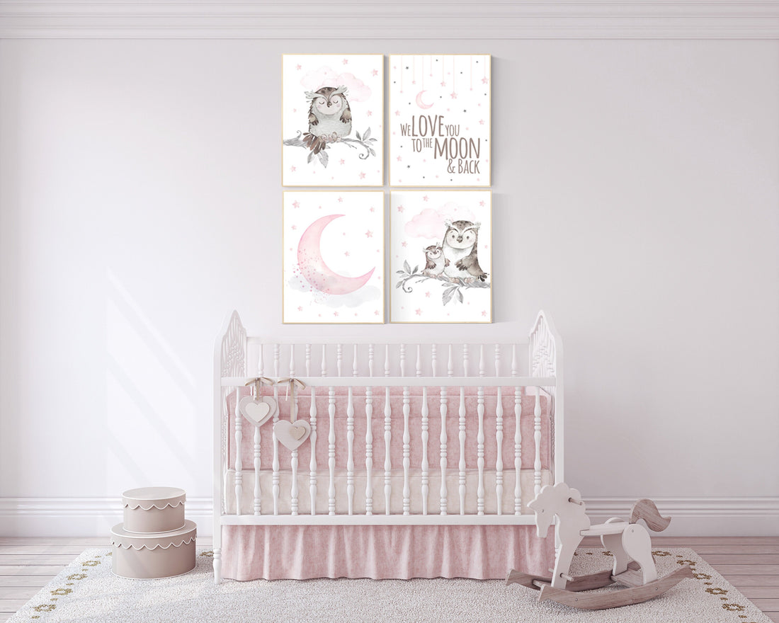 Nursery decor girl owl, we love you to the moon and back, owl nursery decor, girl nursery wall art, nursery ideas, pink nursery print