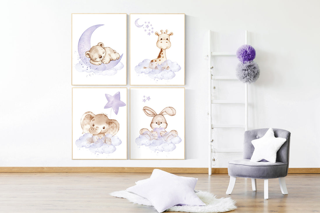 Nursery decor girl purple, woodland nursery, lilac, elephant, bear, giraffe, bunny, animal nursery, lilac nursery, animal nursery prints