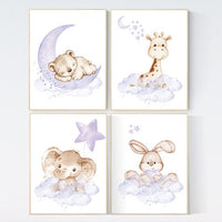 Nursery decor girl purple, woodland nursery, lilac, elephant, bear, giraffe, bunny, animal nursery, lilac nursery, animal nursery prints