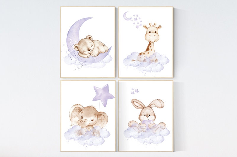 Nursery decor girl purple, woodland nursery, lilac, elephant, bear, giraffe, bunny, animal nursery, lilac nursery, animal nursery prints