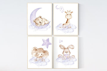 Nursery decor girl purple, woodland nursery, lilac, elephant, bear, giraffe, bunny, animal nursery, lilac nursery, animal nursery prints