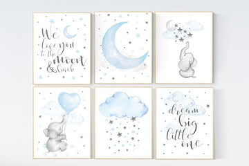 Nursery decor boy elephant, we love you to the moon and back, Blue and gray, moon and stars. nursery wall art boy elephant, baby blue, stars