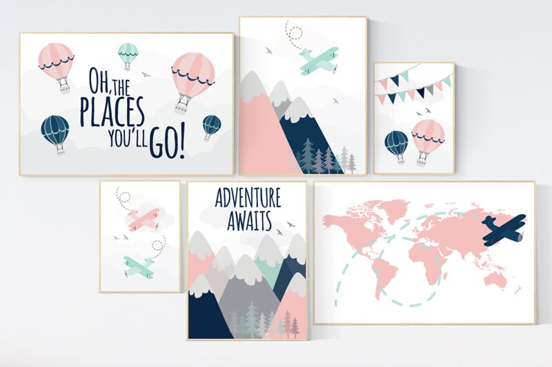 Nursery decor adventure, Adventure awaits nursery, Mountain art print set, coral navy mint, Adventure nursery, hot air balloon