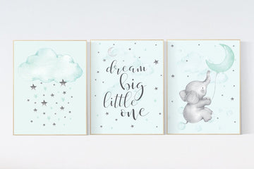 Nursery decor elephant, mint green nursery, dream big little one, nursery wall art animals, cloud and raindrops, nursery wall art teal