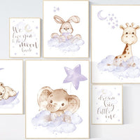 Nursery decor girl woodland, elephant, giraffe, bunny, bear, nursery decor girl purple, lilac nursery decor, purple nursery, girl nursery