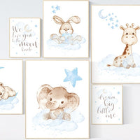 Nursery decor woodland, nursery wall art animals, nursery decor stars and moon, animal nursery prints, elephant, bunny, giraffe bear nursery