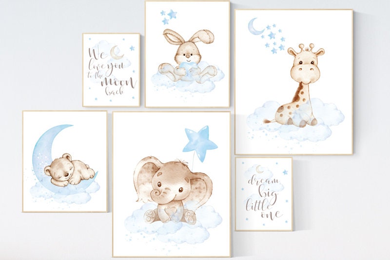 Nursery decor woodland, nursery wall art animals, nursery decor stars and moon, animal nursery prints, elephant, bunny, giraffe bear nursery