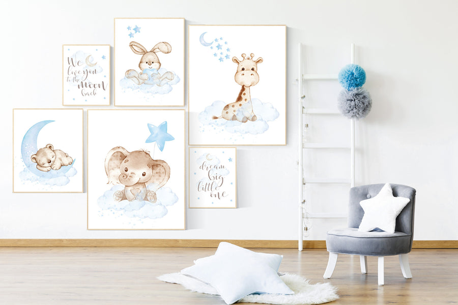 Nursery decor woodland, nursery wall art animals, nursery decor stars and moon, animal nursery prints, elephant, bunny, giraffe bear nursery