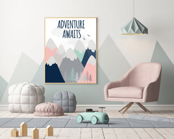 Nursery decor mountains, nursery wall art woodland, adventure awaits, baby room decor mountains, nursery decor girl coral, coral navy mint