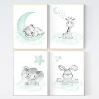 Nursery wall art mint and gray, nursery wall art animals, baby room decor mint and gray, woodland, jungle,  elephant, giraffe, bear, bunny