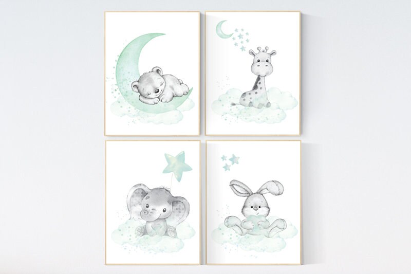 Nursery wall art mint and gray, nursery wall art animals, baby room decor mint and gray, woodland, jungle,  elephant, giraffe, bear, bunny