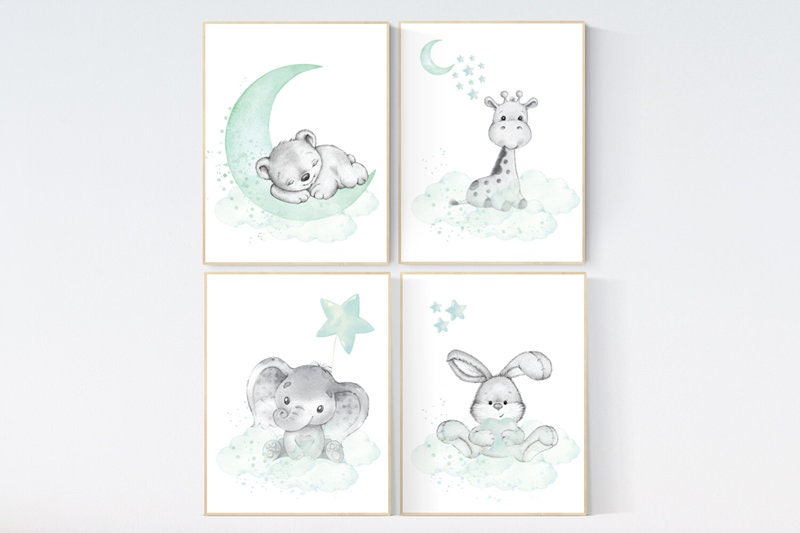 Nursery wall art mint and gray, nursery wall art animals, baby room decor mint and gray, woodland, jungle,  elephant, giraffe, bear, bunny