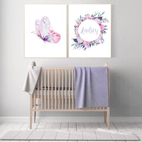 Purple pink nursery, nursery decor girl name, butterfly nursery wall art, Nursery decor girl purple and pink, lavender, lilac, girl nursery