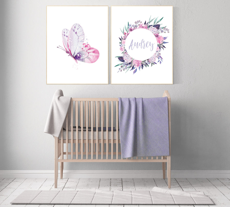 Purple pink nursery, nursery decor girl name, butterfly nursery wall art, Nursery decor girl purple and pink, lavender, lilac, girl nursery