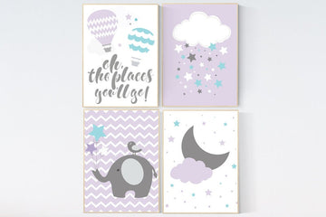 Nursery wall art girl, lilac teal nursery, girl nursery room, elephant nursery, moon and stars, hot air balloon
