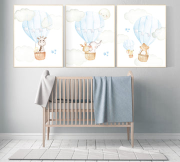 nursery decor boy adventure, blue nursery, hor air balloon, woodland animals, elephant, baby bear, giraffe, bunny, baby room wall art