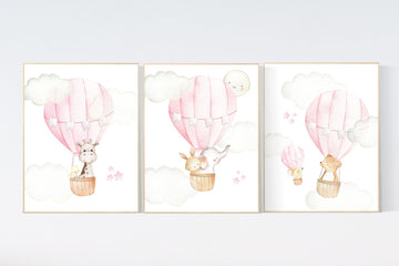 Nursery decor girl woodland, hot air balloon nursery, nursery decor woodland animal, hot air balloon nursery animal, pink nursery print