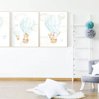 Hot air balloon nursery, nursery decor animals, nursery wall art mint and gray, elephant, giraffe, bear, bunny, woodland animals, aqua, mint