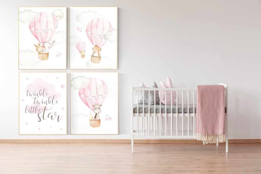 Baby girl nursery, nursery decor elephant, woodland nursery, hot air balloon nursery animal, baby room decor girl, giraffe , bear, bunny