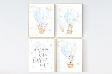 Baby room decor, baby boy nursery, nursery decor boy woodland animals, elephant, giraffe, bear, bunny, boy nursery art, hot air balloon