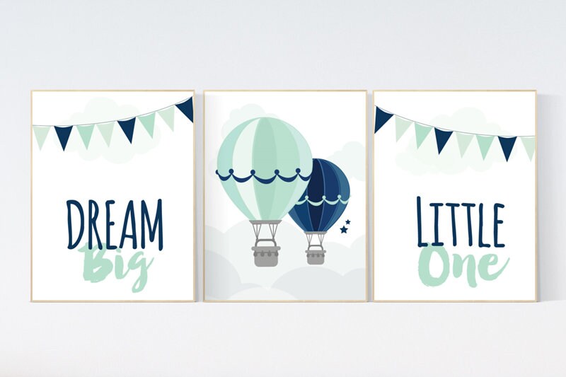 Dream Big Little One, mint navy nursery wall art, hot air balloon Nursery, mint and navy, baby room wall art, gender neutral, mint green