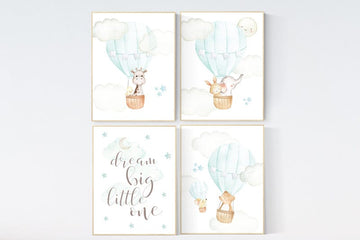 Hot air balloon nursery wall art, mint and gray, nursery decor woodland, mint nursery art, nursery prints animals, aqua, mint green