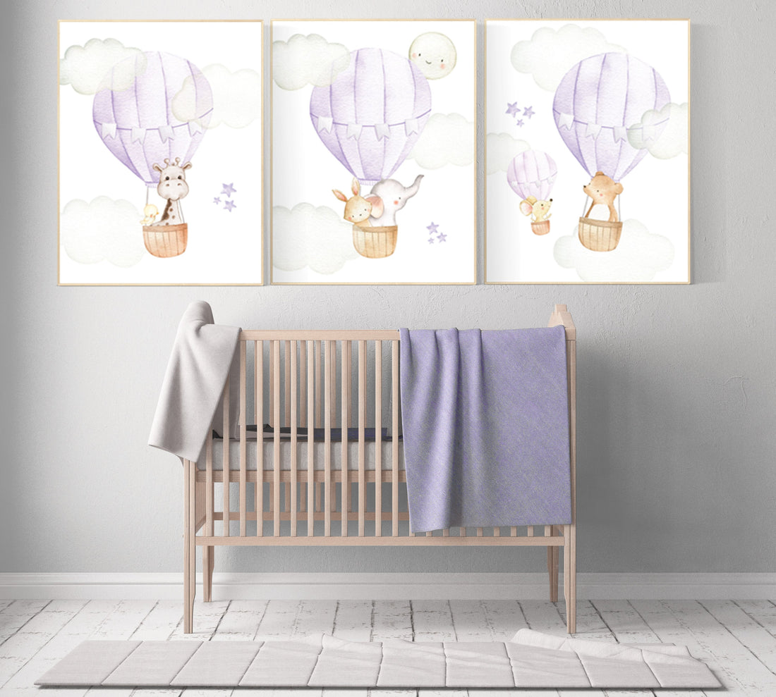 Nursery decor girl purple, hot air balloon, nursery decor girl purple, animal nursery, lilac nursery, elephant, giraffe, bear, bunny