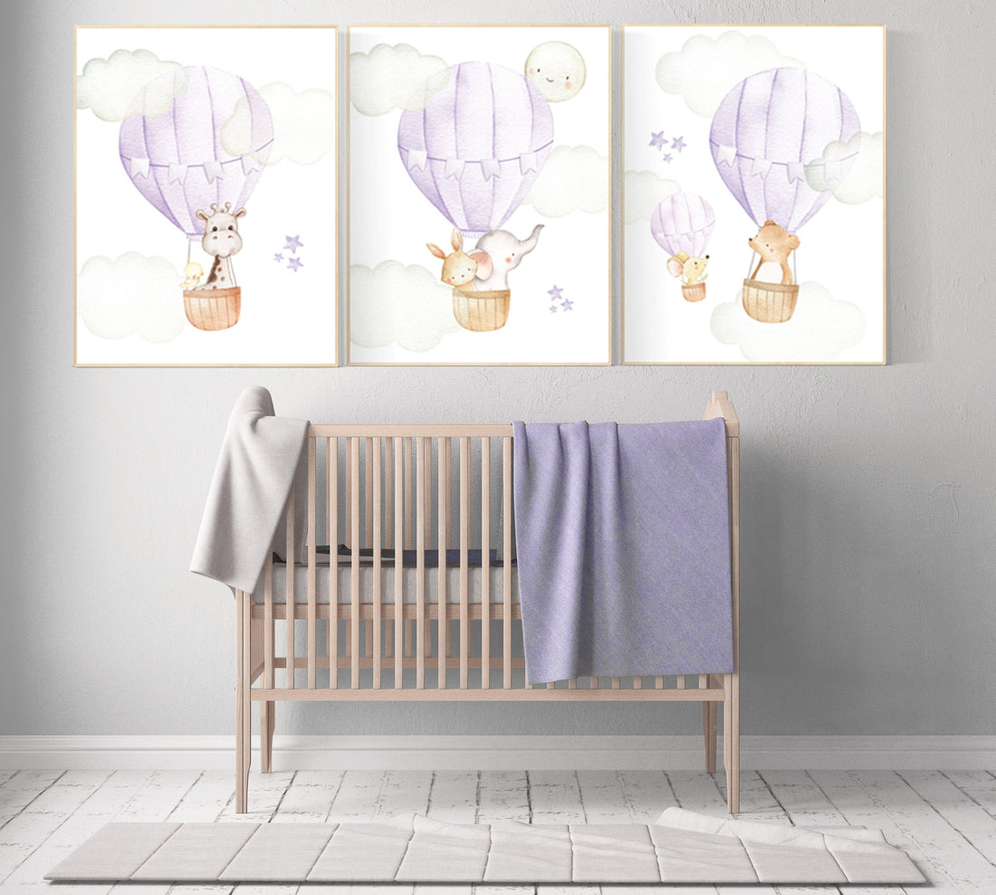 Nursery decor girl lavender, hot air balloon, nursery decor girl purple, animal nursery, lilac nursery, elephant, giraffe, bear, bunny