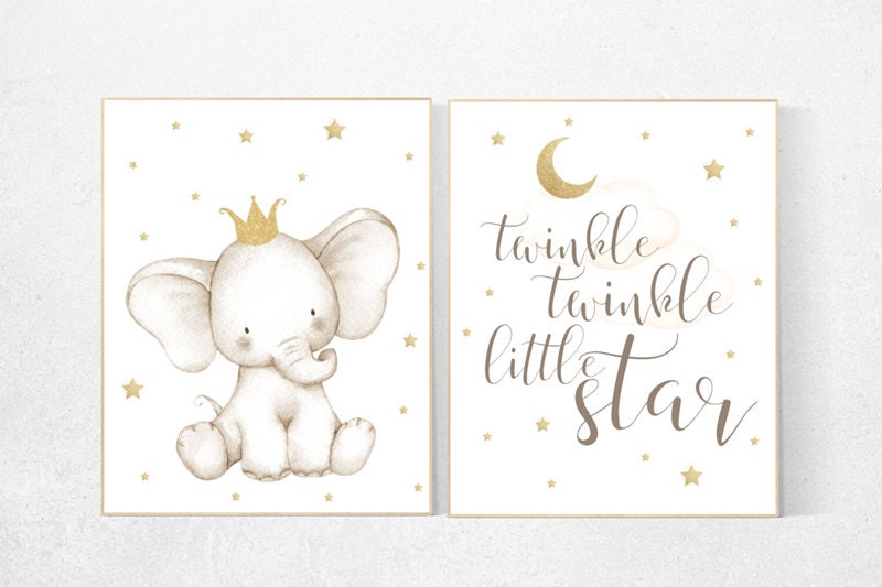 Nursery decor girl gold, Elephant nursery decor, gold nursery, girl nursery art, baby room wall art, twinkle twinkle little star nursery