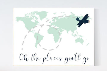Mint navy nursery decor, Oh the places you'll go, World Map wall art, world map nursery, world map wall art, gender neutral nursery decor