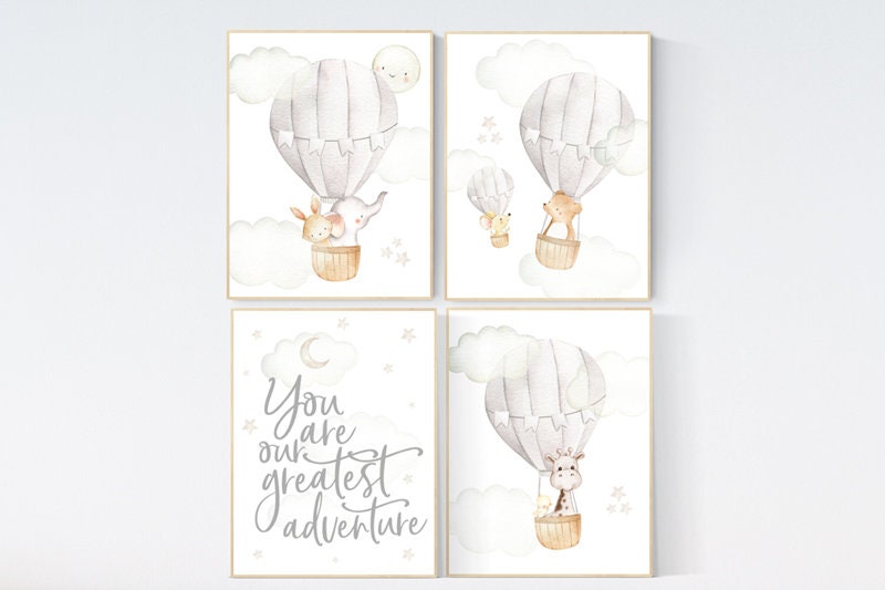 Nursery decor neutral, You are our greatest adventure print, gender neutral, gray, hot air balloon, elephant, giraffe, bear, bunny, animals