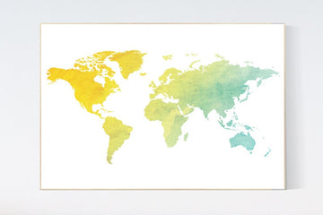 Yellow mint World Map print, nursery art, baby's nursery room decor, toddler room, yellow teal world map, kid's room space, world map room