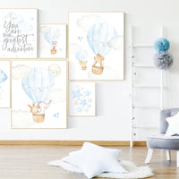 Nursery decor boy travel, you are our greatest adventure hot air balloon, nursery wall art animals, moon and stars, baby blue nursery art