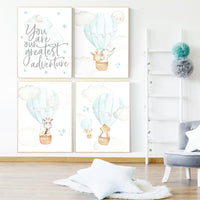 Hot air balloon nursery wall art, mint and gray, you are our greatest adventure, mint nursery art, nursery prints animals, aqua, mint green