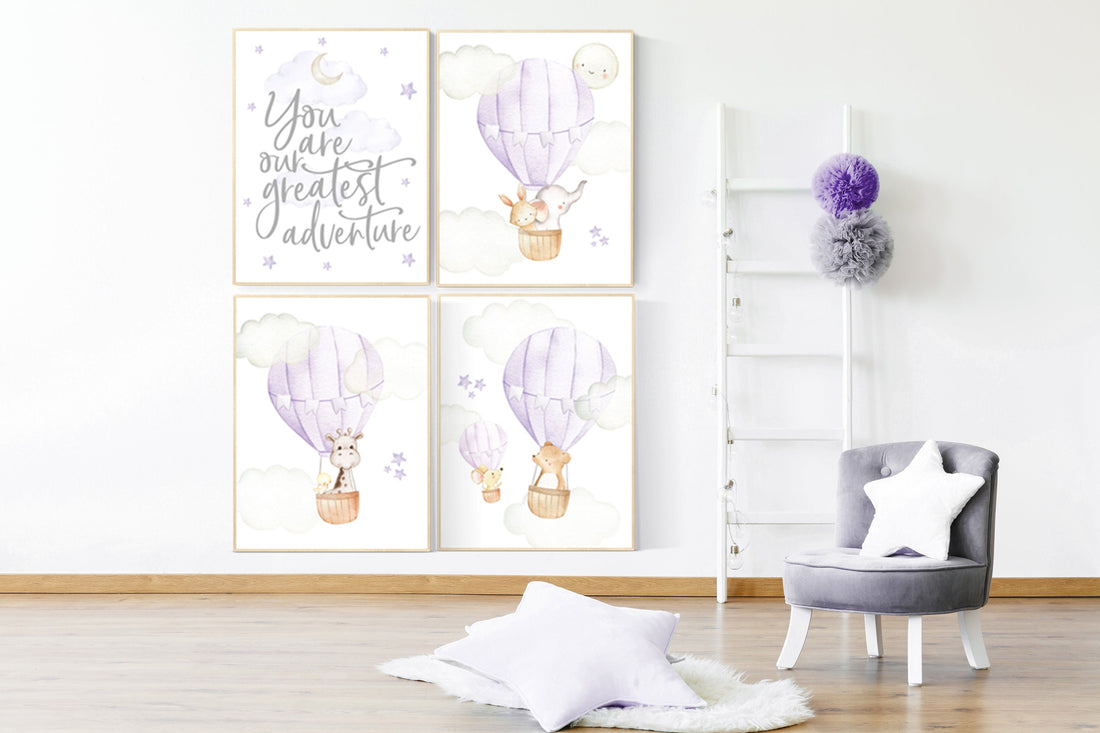 Purple nursery, lilac nursery, hot air balloon nursery, you are our greatest adventure, animal nursery, girl nursery wall, lavender nursery