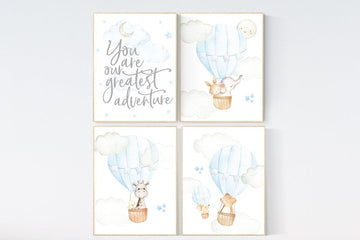 Nursery decor boy woodland animals, you are our greatest adventure hot air balloon, elephant, giraffe, bear, bunny, boy nursery, baby blue