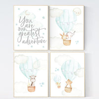Hot air balloon nursery wall art, mint and gray, you are our greatest adventure, mint nursery art, nursery prints animals, aqua, mint green