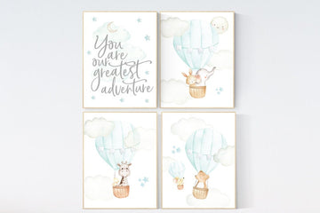 Mint nursery wall art, you are our greatest adventure, gender neutral, mint nursery art, nursery prints animals, aqua, mint green, twins