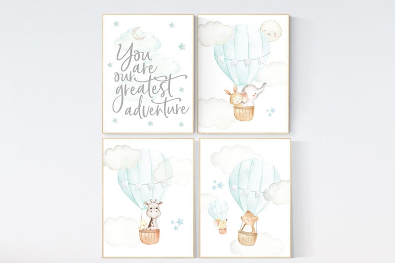 Hot air balloon nursery wall art, mint and gray, you are our greatest adventure, mint nursery art, nursery prints animals, aqua, mint green