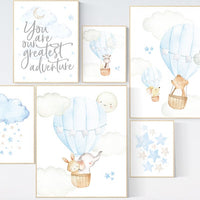 Nursery decor boy travel, you are our greatest adventure hot air balloon, nursery wall art animals, moon and stars, baby blue nursery art