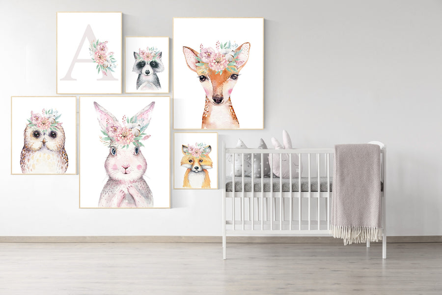 Woodland animals nursery, woodland nursery decor girl, animal prints for nursery girl, bunny print for girls nursery, Woodland Nursery Art