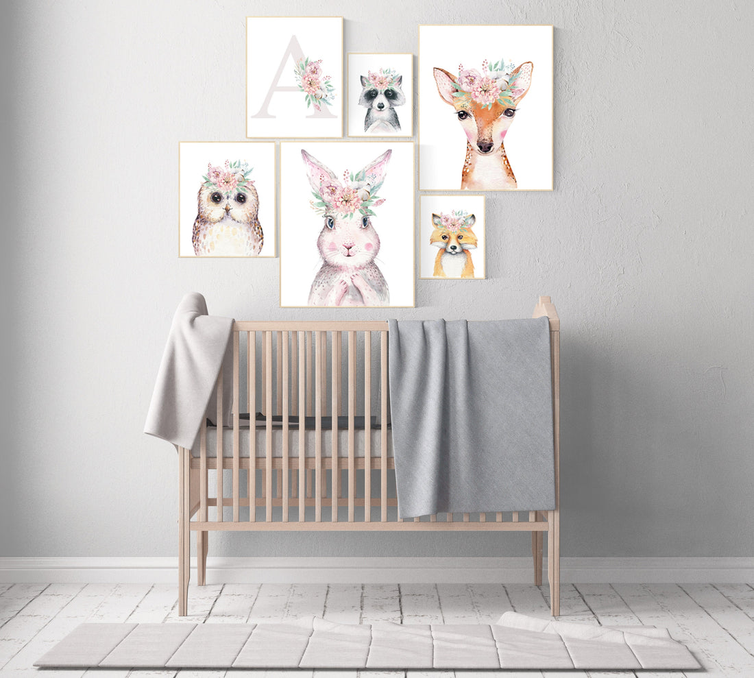 Woodland animals nursery, woodland nursery decor girl, animal prints for nursery girl, bunny print for girls nursery, Woodland Nursery Art