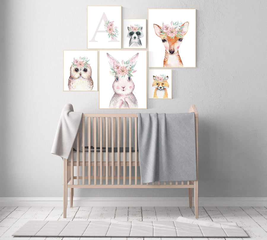 Woodland animals nursery, woodland nursery decor girl, animal prints for nursery girl, bunny print for girls nursery, Woodland Nursery Art