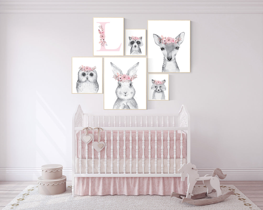 Animal nursery, woodland nursery decor girl, animal prints for nursery girl, pink grey, nursery decor girl boho, bunny, fox, deer, owl, gray